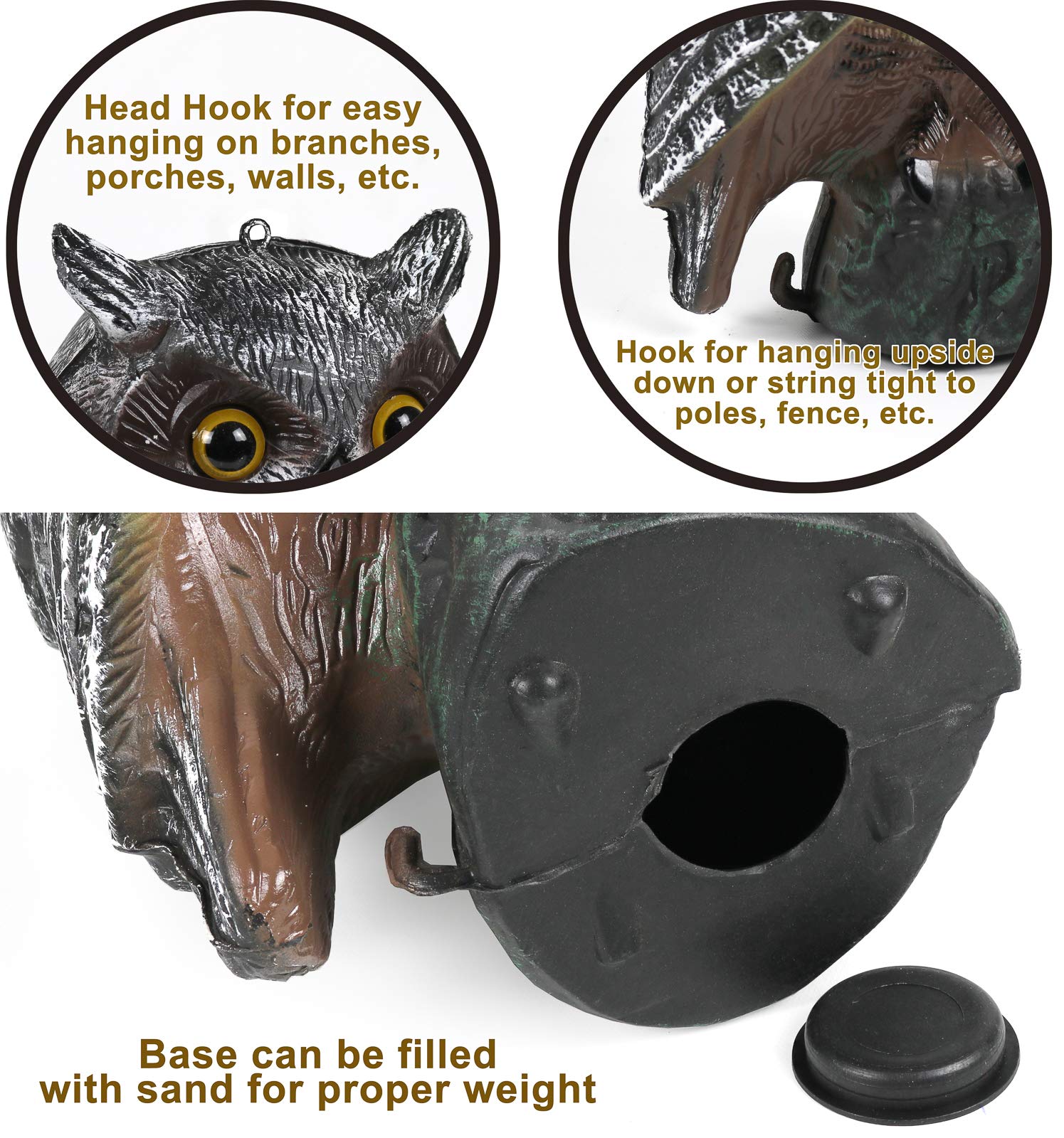 Galashield Owl Decoy placed near gates or ponds keeps droppings away.