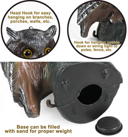 Galashield Owl Decoy placed near gates or ponds keeps droppings away.
