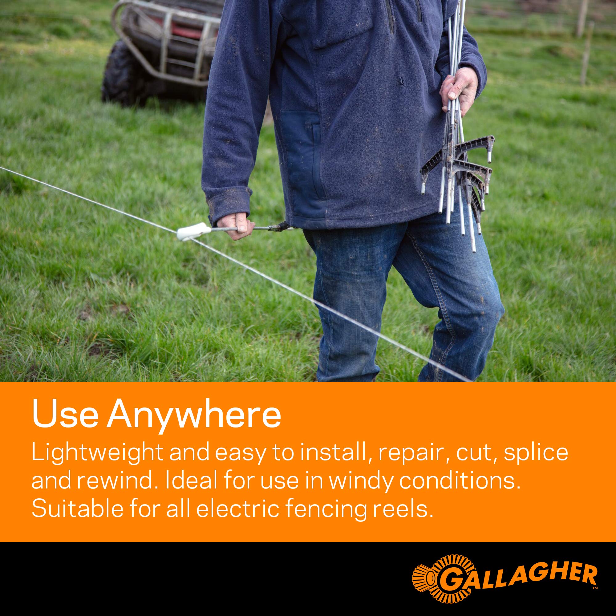 Gallagher Stainless steel poly wire resists rust for durable fencing.