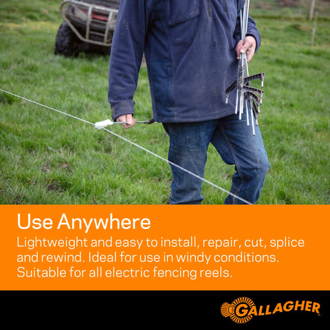Gallagher Stainless steel poly wire resists rust for durable fencing.