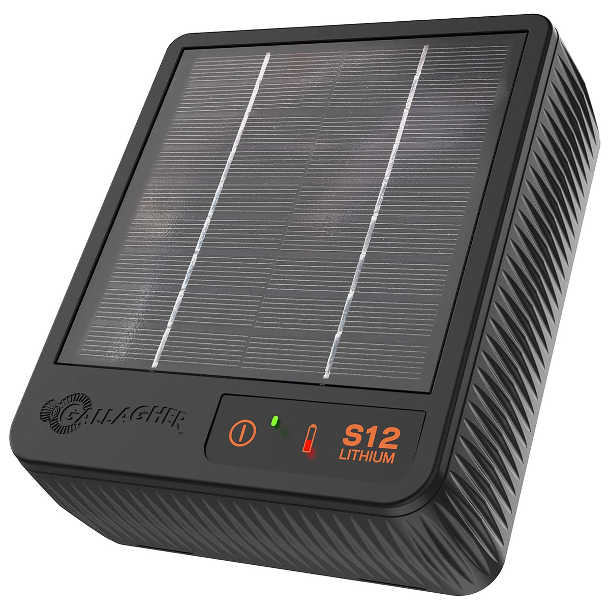 Gallagher S12 solar fence charger side view powering a small pasture.