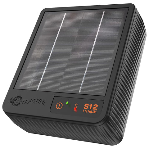 Gallagher S12 solar fence charger side view powering a small pasture.