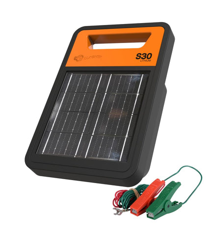 Gallagher S30 solar charger front view powering pasture fencing.