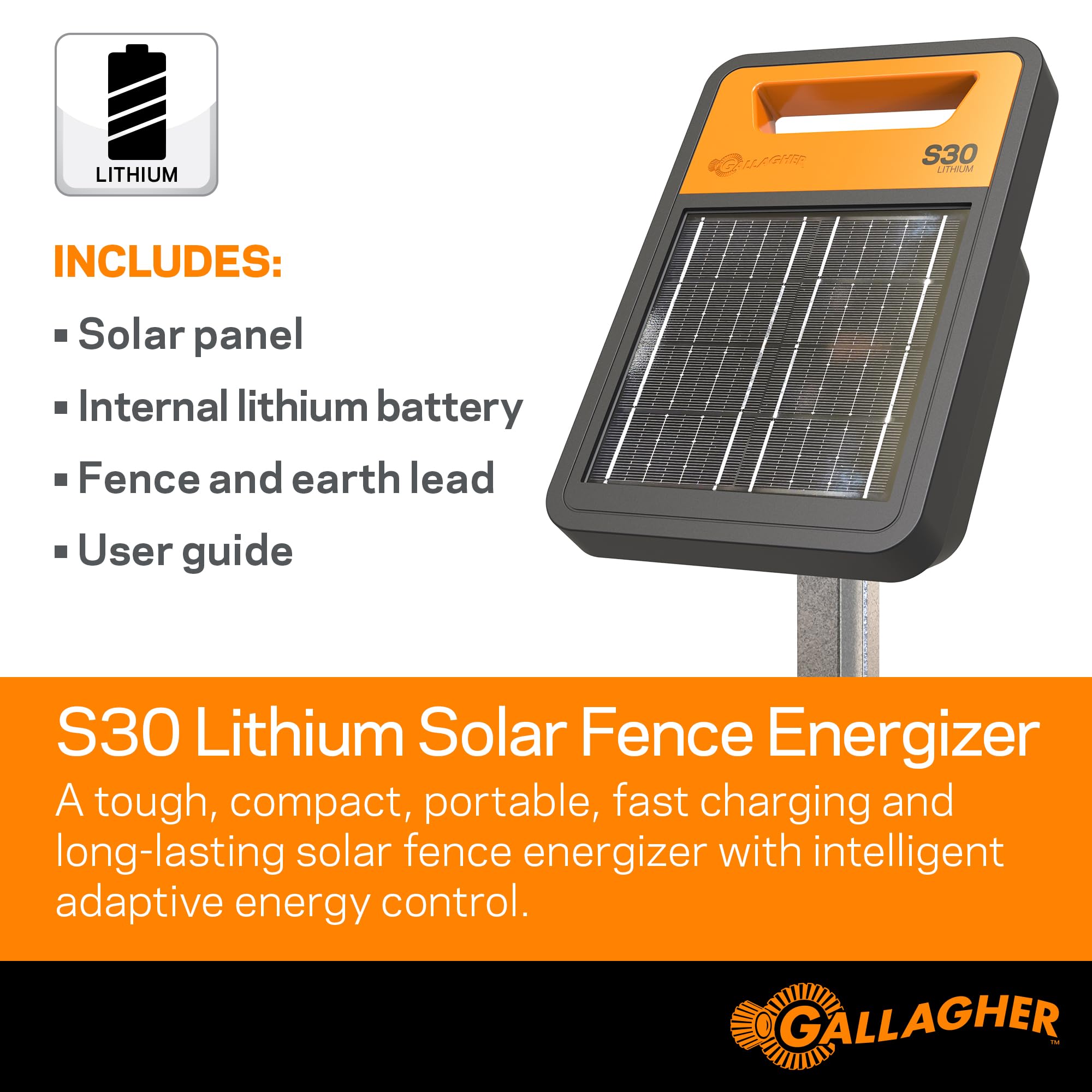 Gallagher S30 solar panel with lithium battery for lasting power.