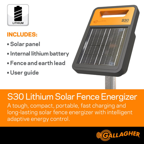 Gallagher S30 solar panel with lithium battery for lasting power.