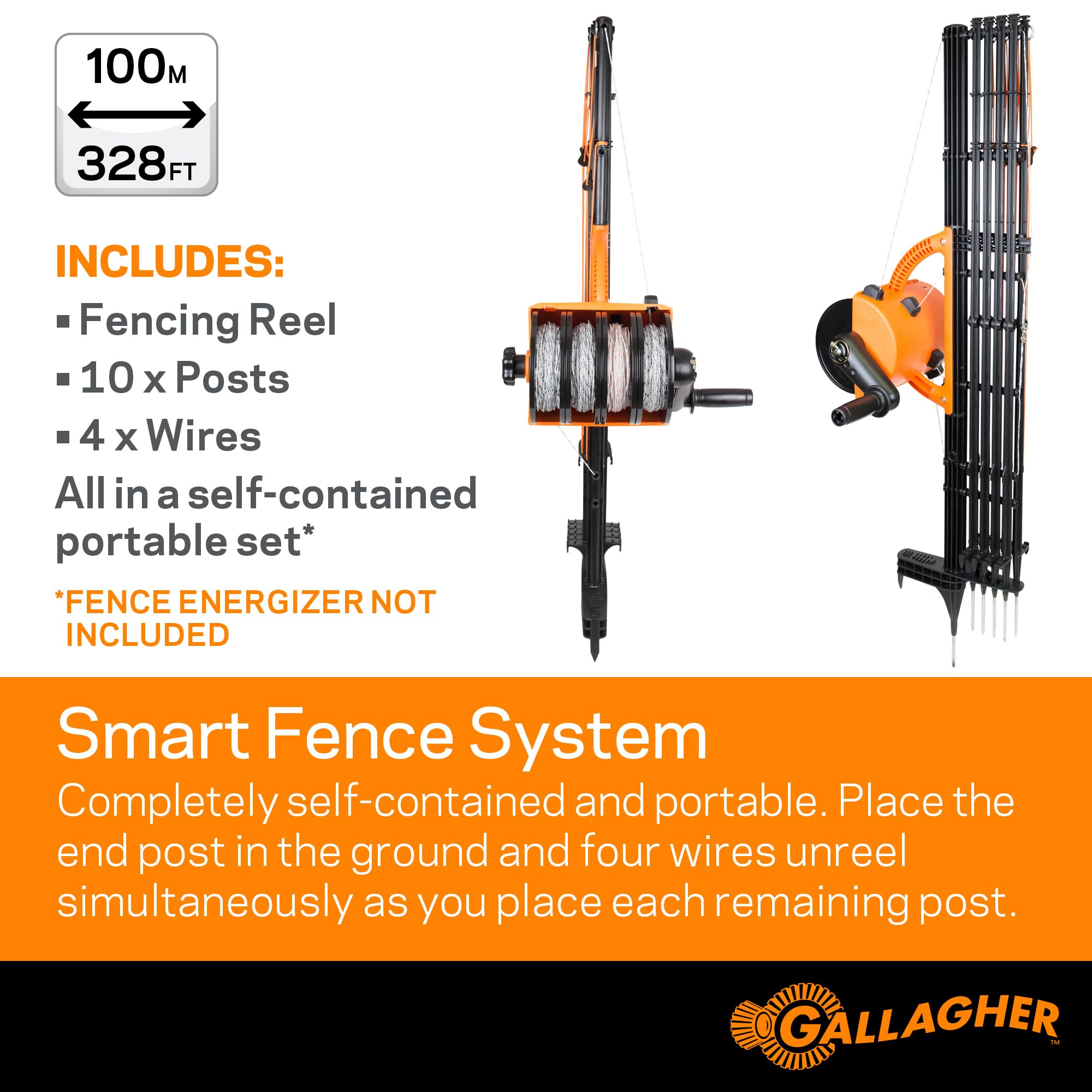Gallagher Smart Fence 2 shows ten pre-installed posts for fast portable fencing.