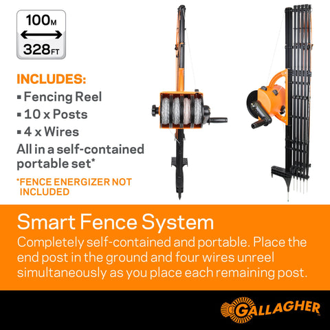 Gallagher Smart Fence 2 shows ten pre-installed posts for fast portable fencing.