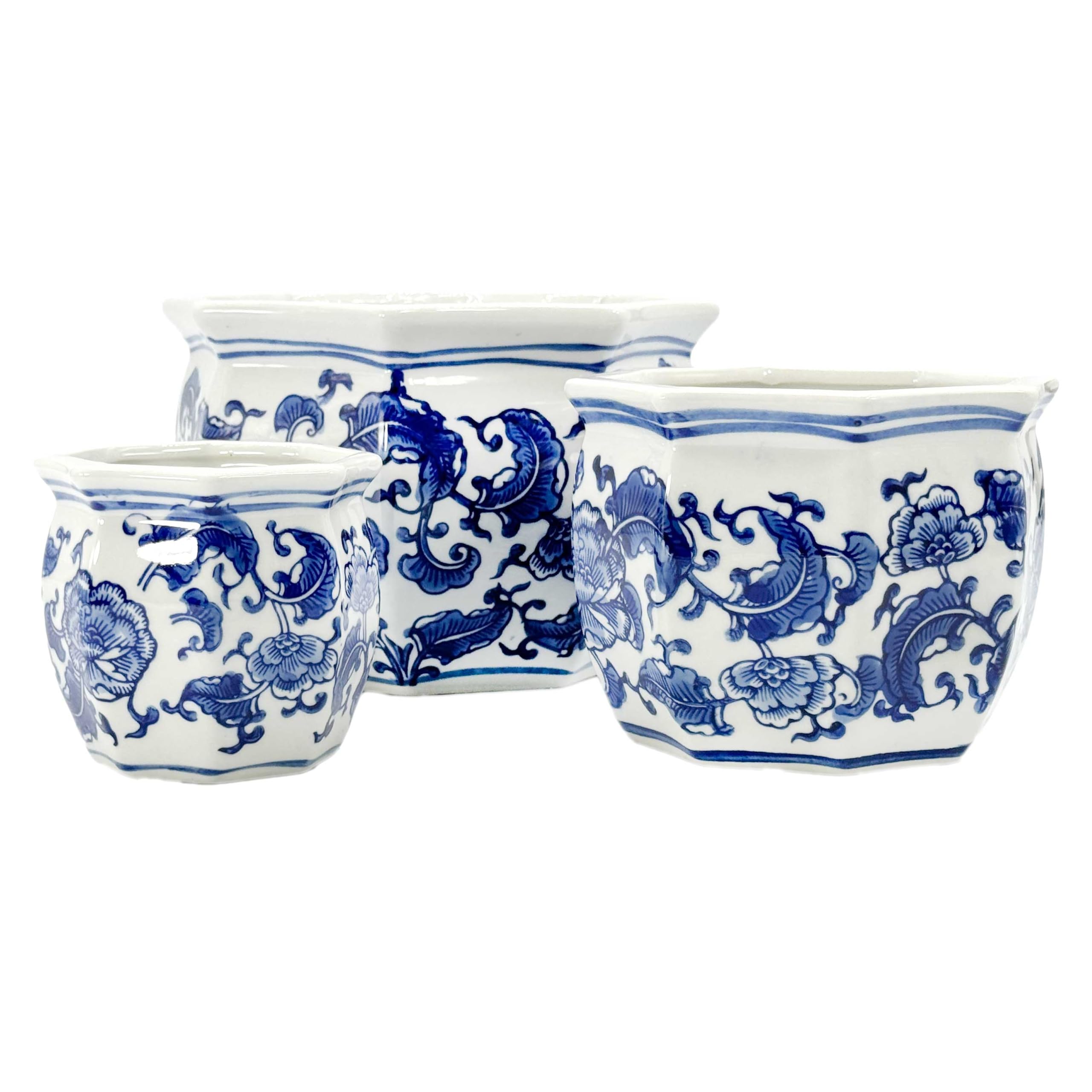 Galt International blue-white floral porcelain planter 4.5-inch side view with drainage holes.
