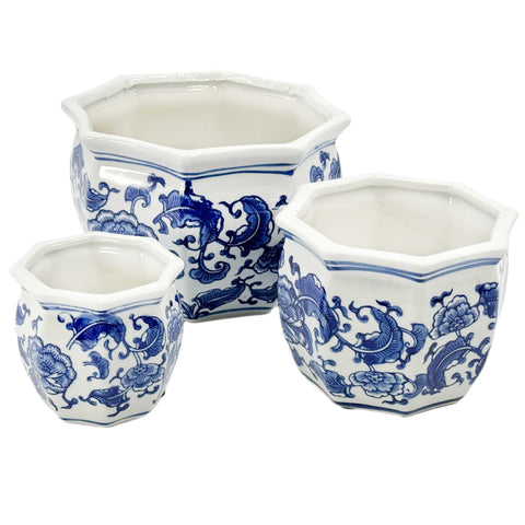 Galt International blue-white floral porcelain planter 8-inch side view, great for shelves.