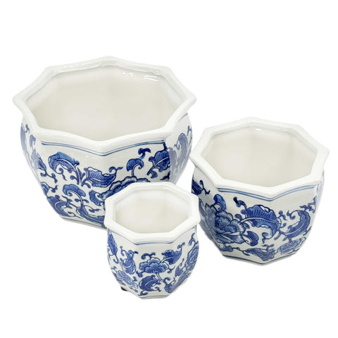 Galt International blue-white floral porcelain planter close-up shows glaze and pattern.