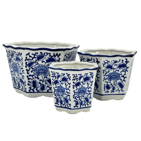 Galt International blue-white floral pot 8-inch for elegant indoor display.
