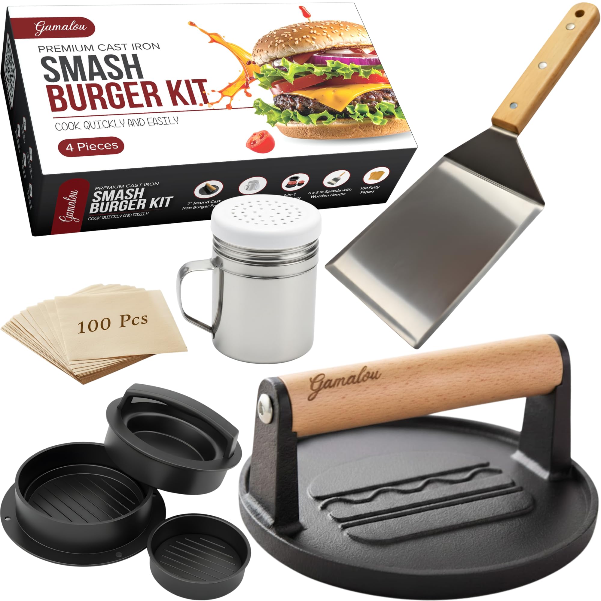 Gamalou 7in cast-iron burger press shown for even sear and crust formation