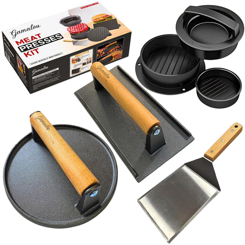 Gamalou round 7 inch burger press with textured base for even searing