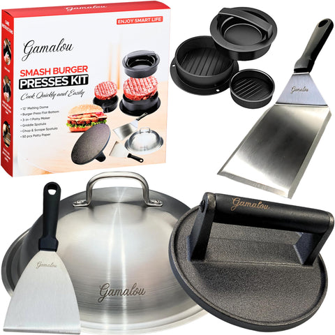 Gamalou Smash Burger Press with 7 inch cast iron for even searing and consistent crust.