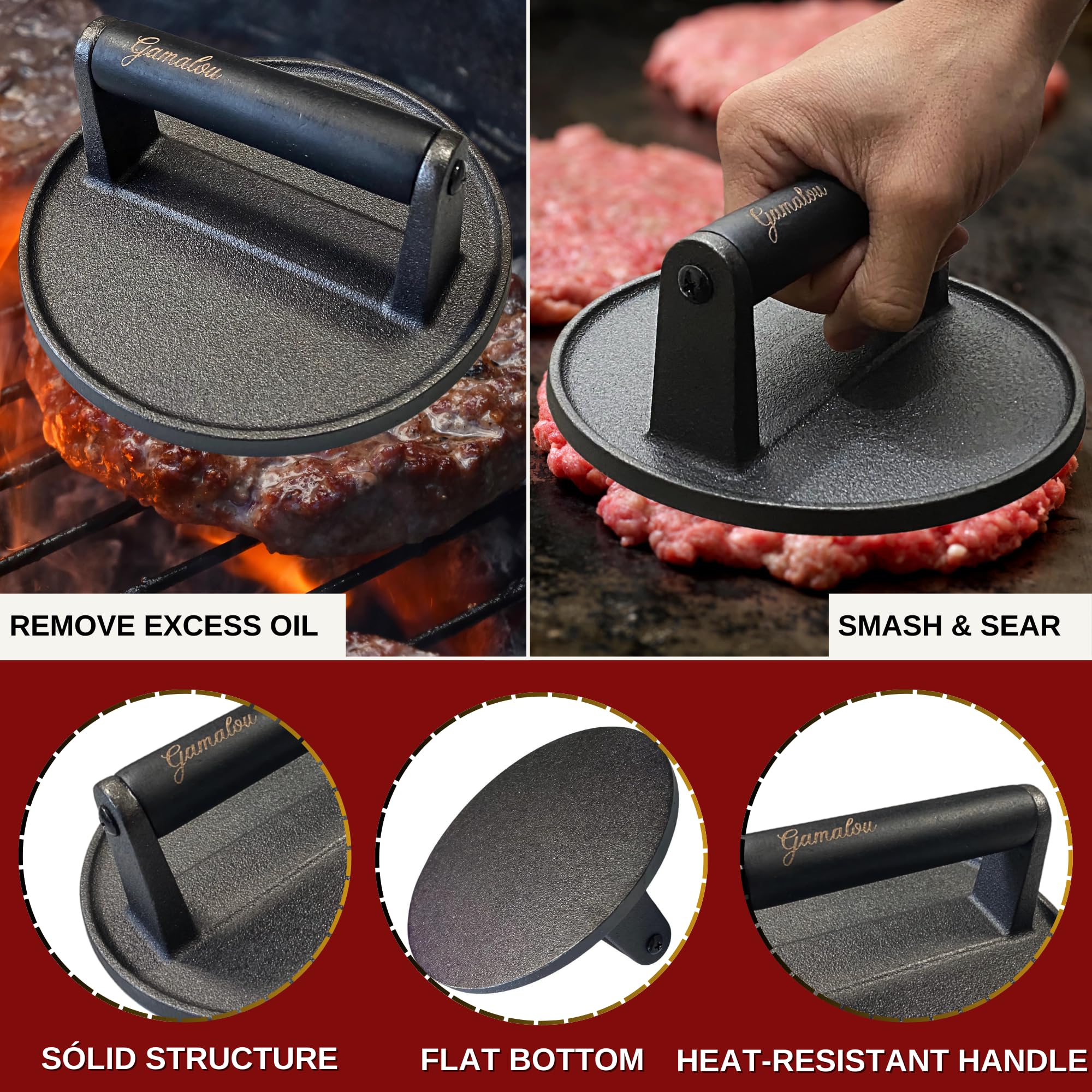 Gamalou three-in-one patty maker shapes sliders, classic burgers, and stuffed patties.