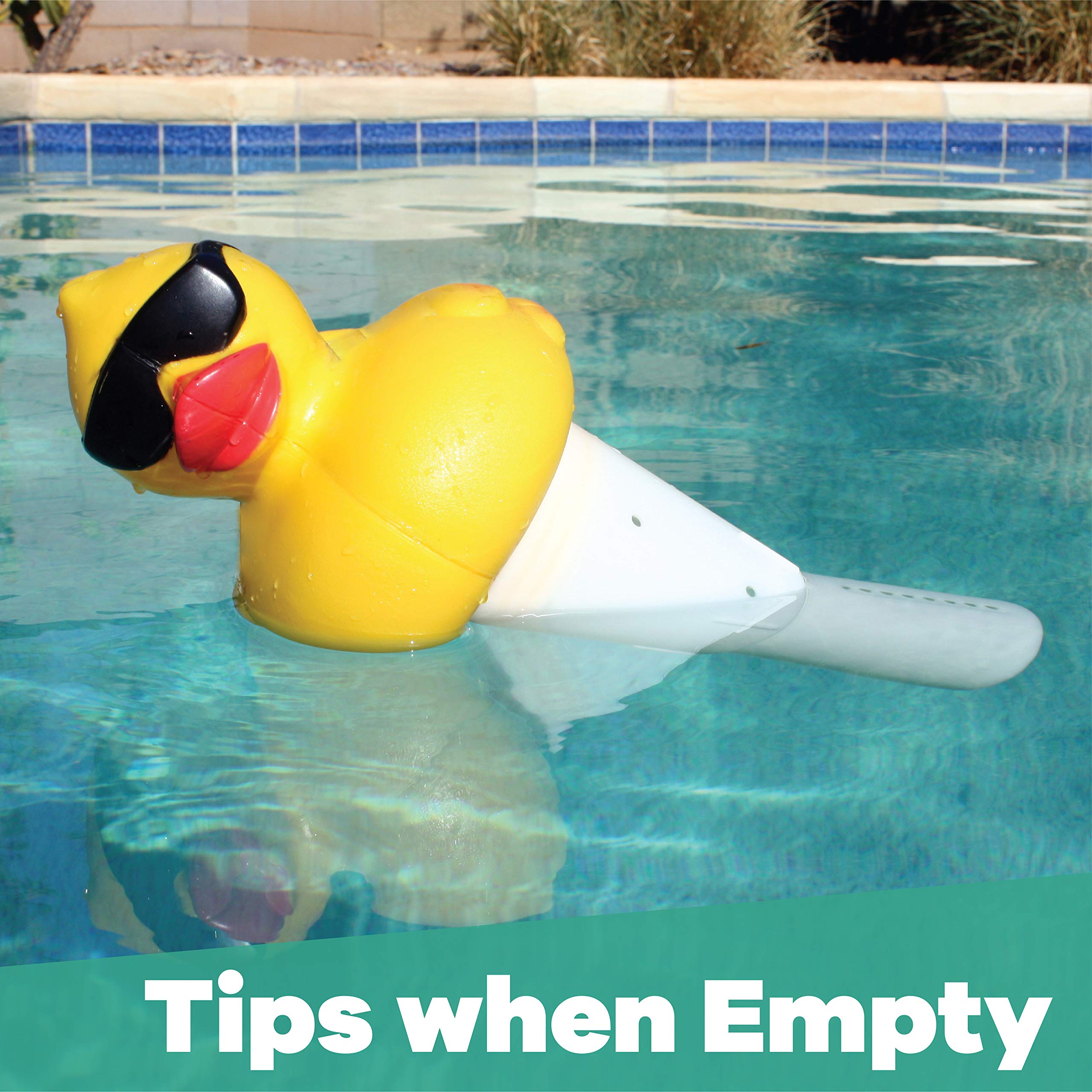 Derby Duck dispenser set to adjustable dispensing rate for inground and above-ground pools.