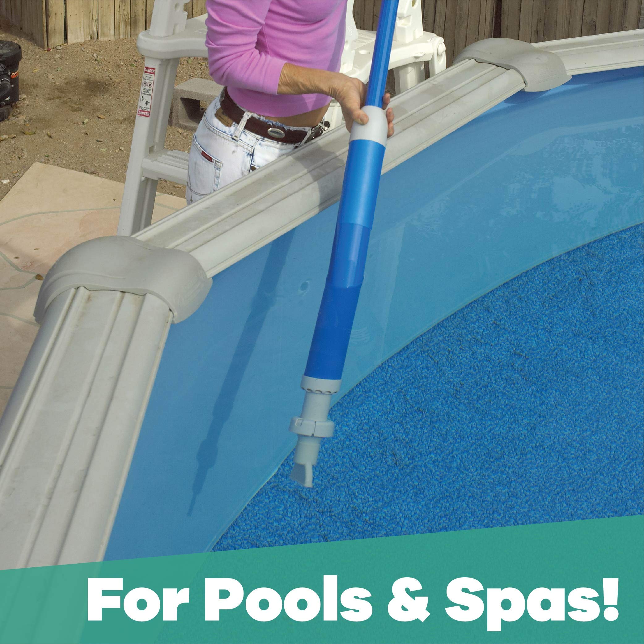 GAME handheld pool vacuum for above-ground pools, easy to reach corners and stairs.