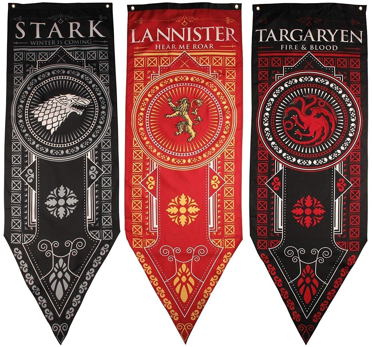 Game of Thrones house banner 3-pack featuring Stark, Targaryen, and Lannister for indoor wall decor and display.