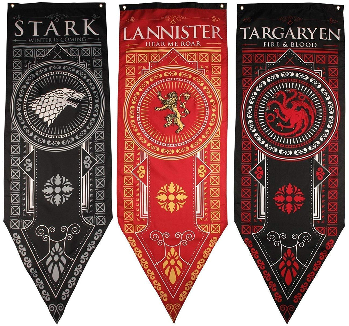 Game of Thrones house banner 3-pack featuring Stark, Targaryen, and Lannister for indoor wall decor and display.