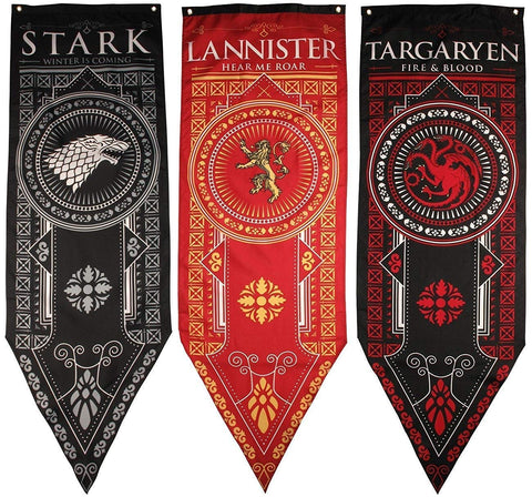 Game of Thrones house banner 3-pack featuring Stark, Targaryen, and Lannister for indoor wall decor and display.