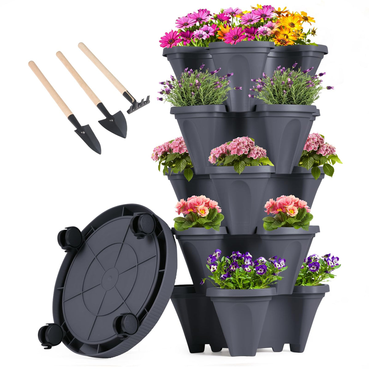 GameXcel vertical planter tower with five tiers and wheels for easy mobility.