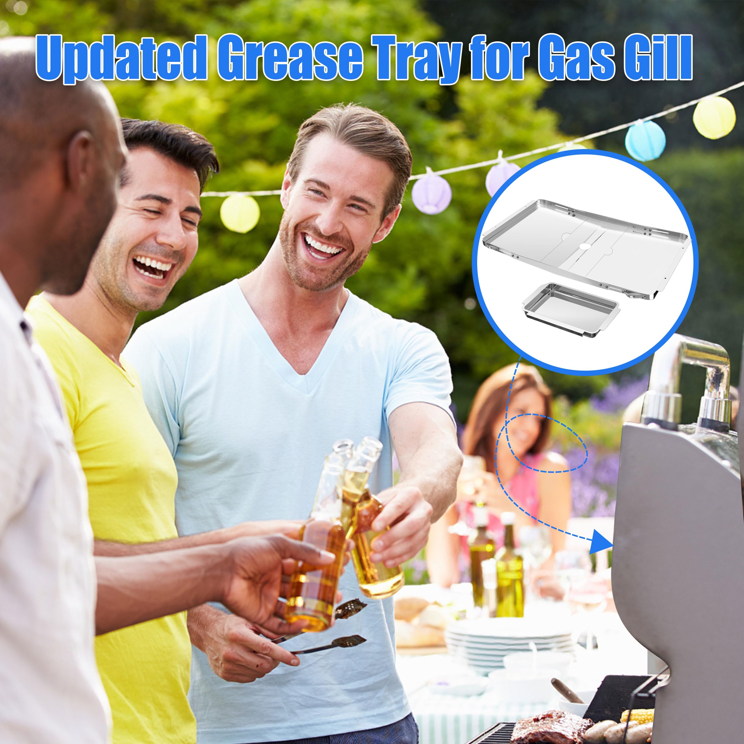 GAMPLAE grease tray side view showing adjustable length for 25-34 inches