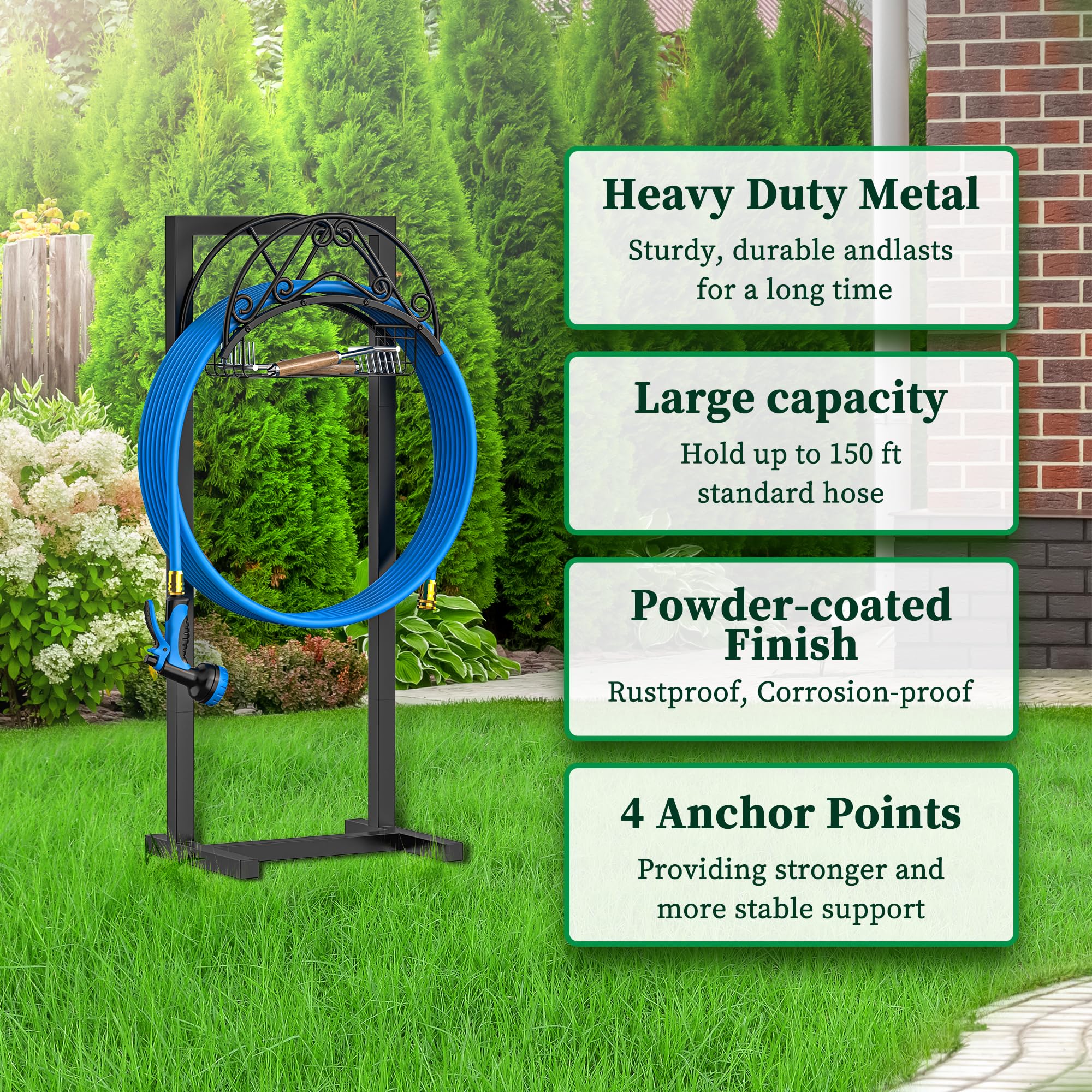 GAMTUE freestanding hose stand is portable for flexible yard layout.