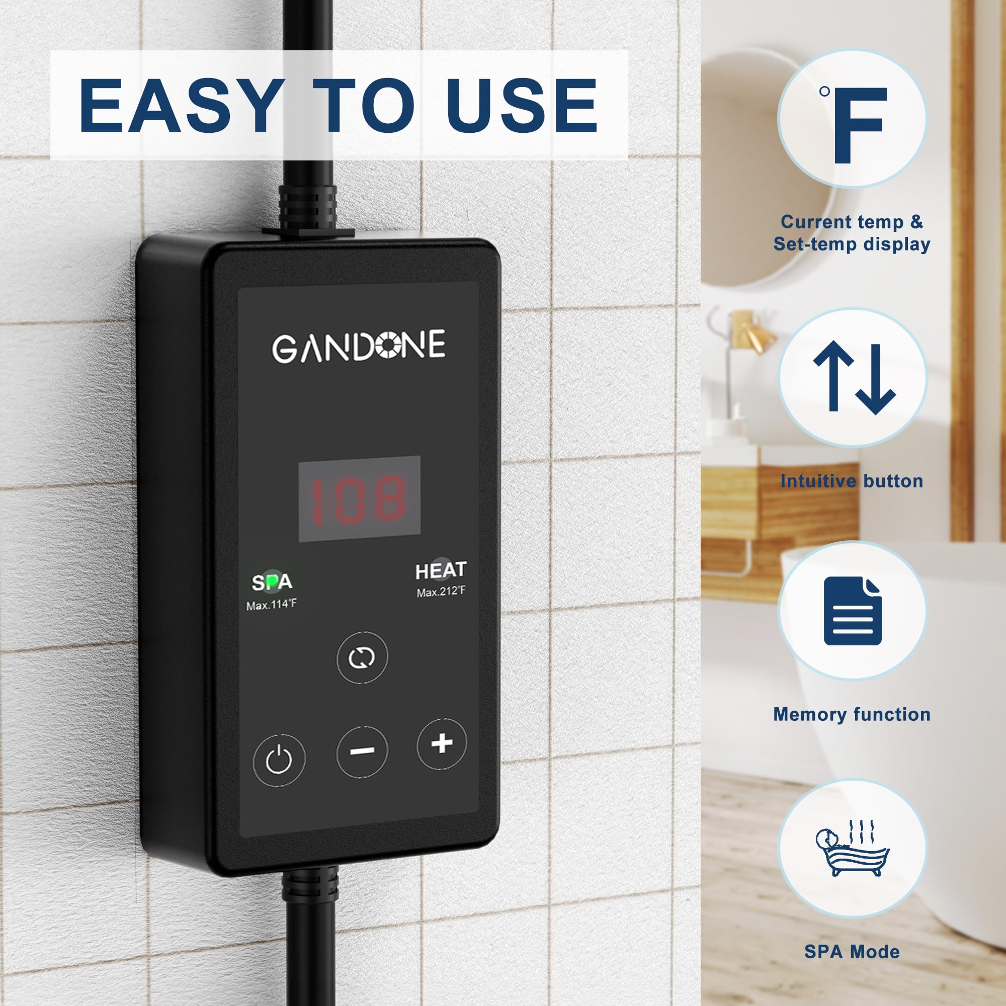 GANDONE Dual Spa Water Heater temperature control for precise bath warmth.