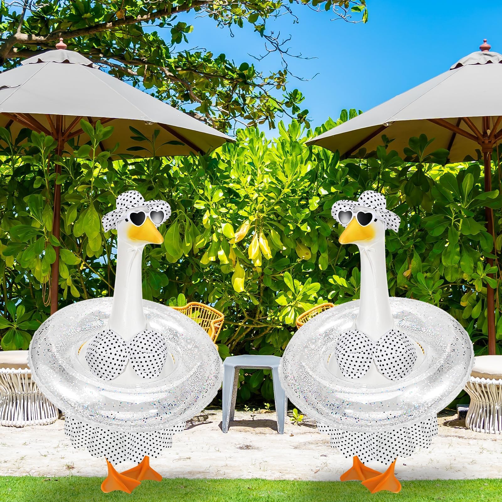 GANSHAYA luau party setup featuring the goose outfit