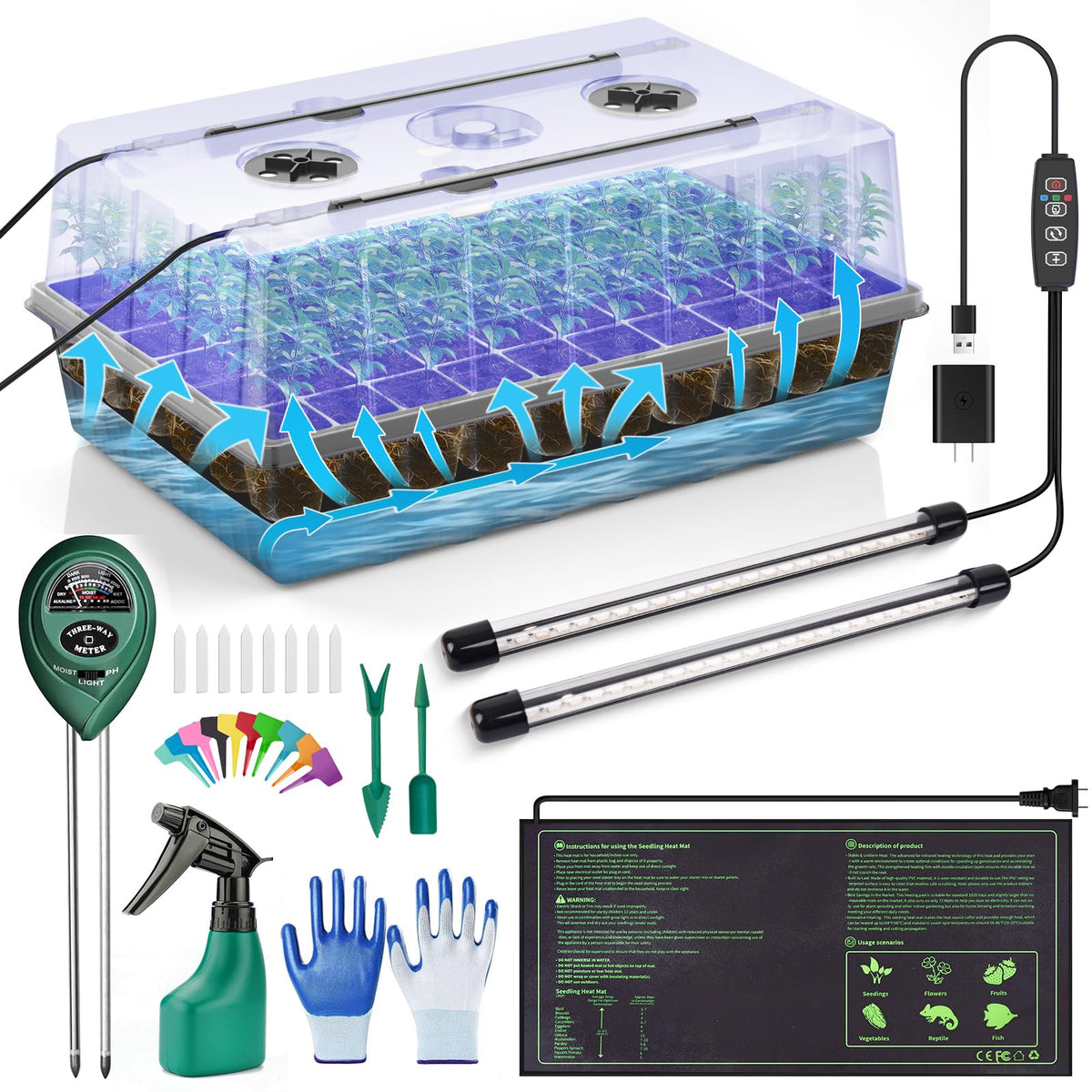 Gaprass 60-cell seed starter tray with grow light for indoor germination