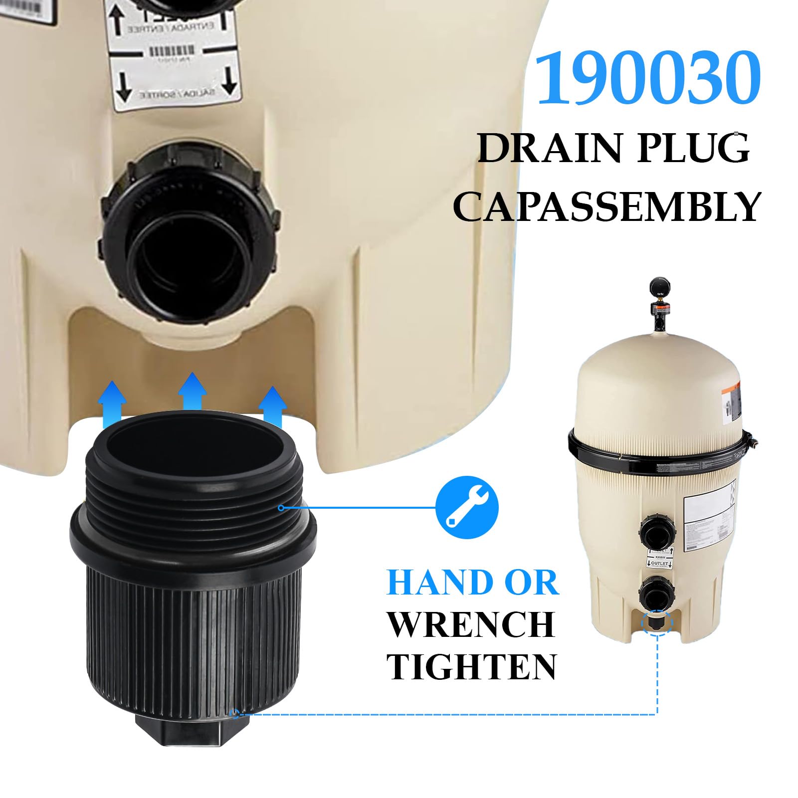 GAQUECY drain cap close-up showing rugged threads for durability