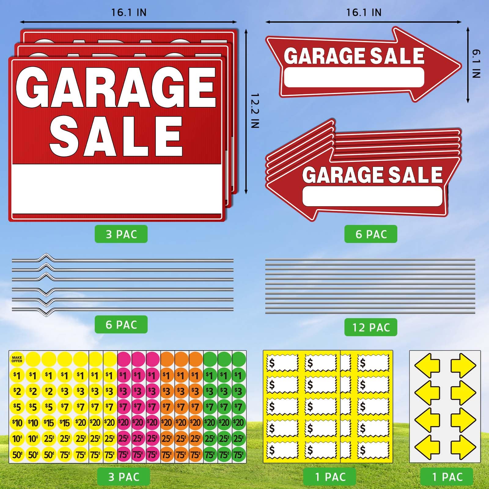 Garage sale arrows with stakes guide customers to the sale entrance