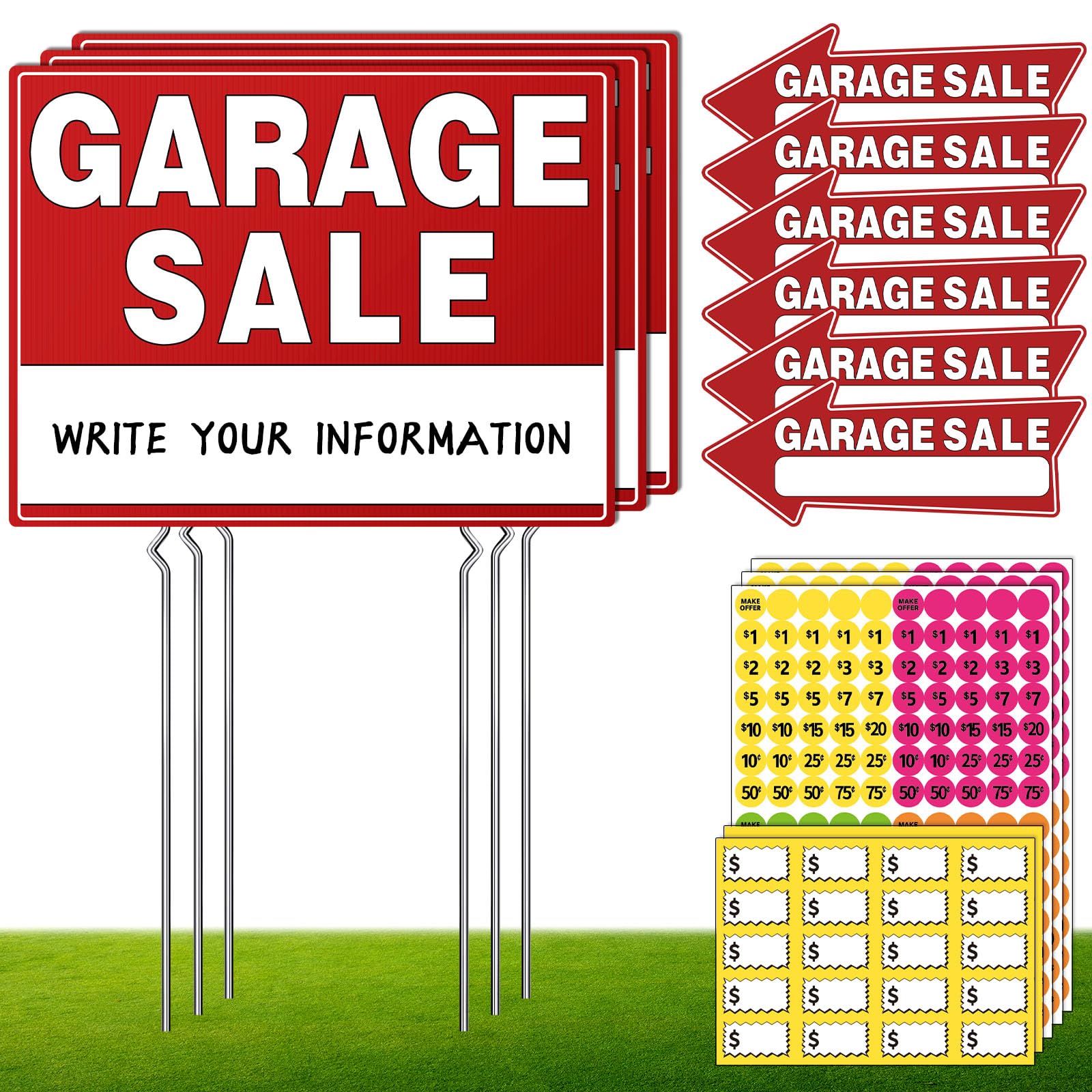 Garage sale signs kit with double-sided panels improves outdoor visibility for passersby