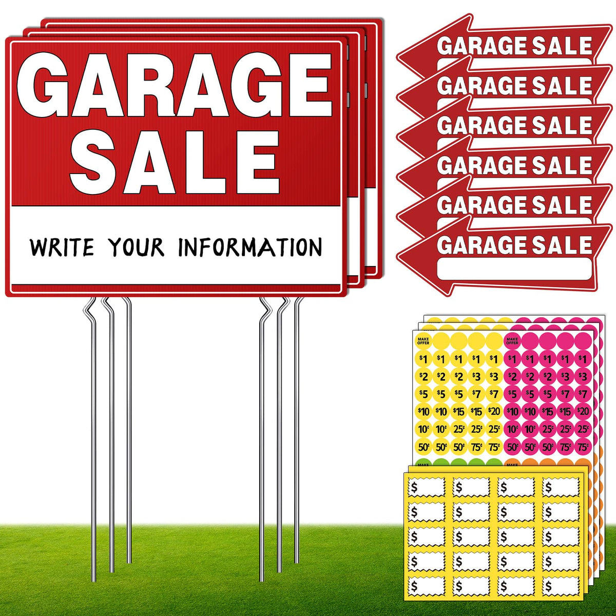 Garage sale signs kit with double-sided panels improves outdoor visibility for passersby