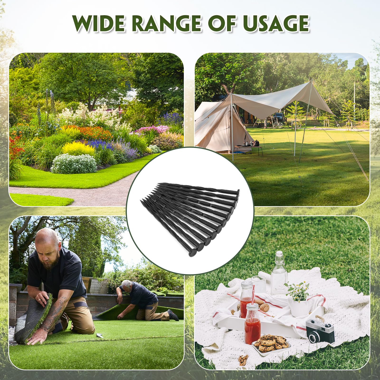 Garaook multi-use stakes securing tents, ropes, and pet fences.
