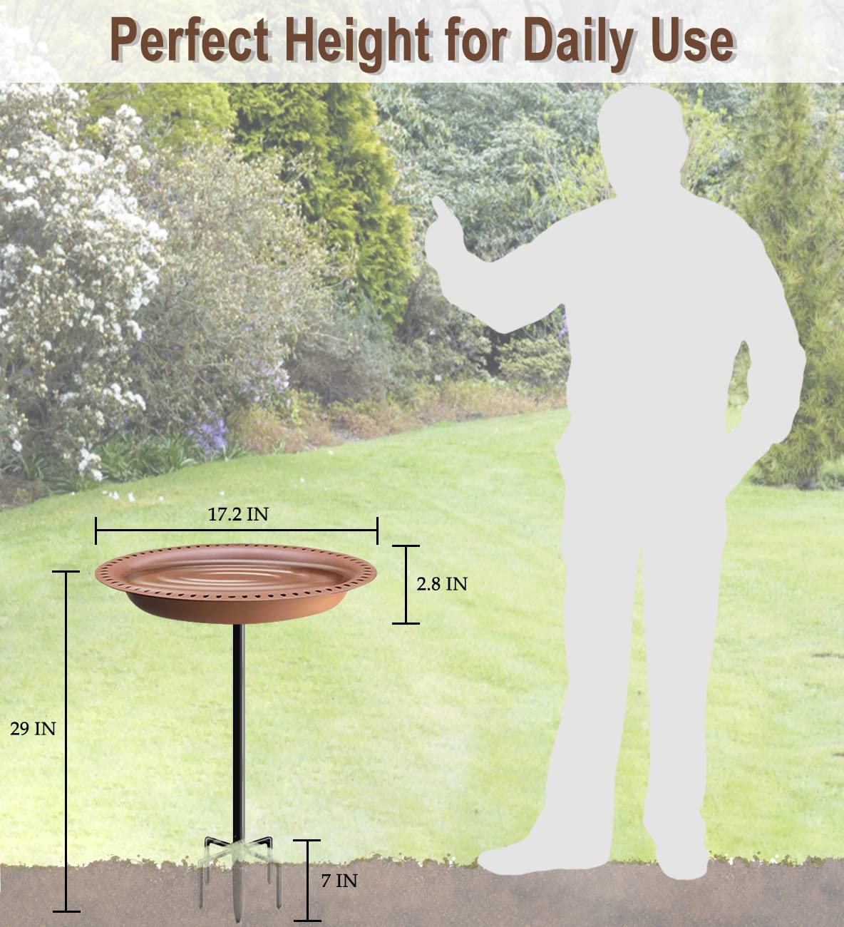 Garbuildman bird bath on heavy-duty stake stands firm in wind and rain.