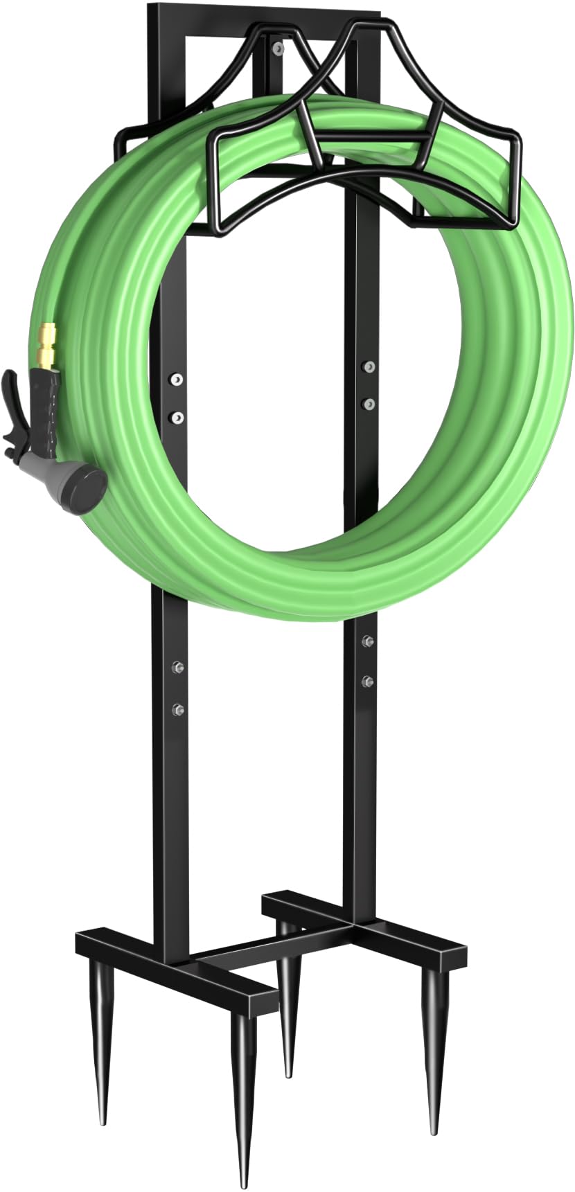 Garbuildman hose holder with four spikes for stable anchoring in wind and rain.