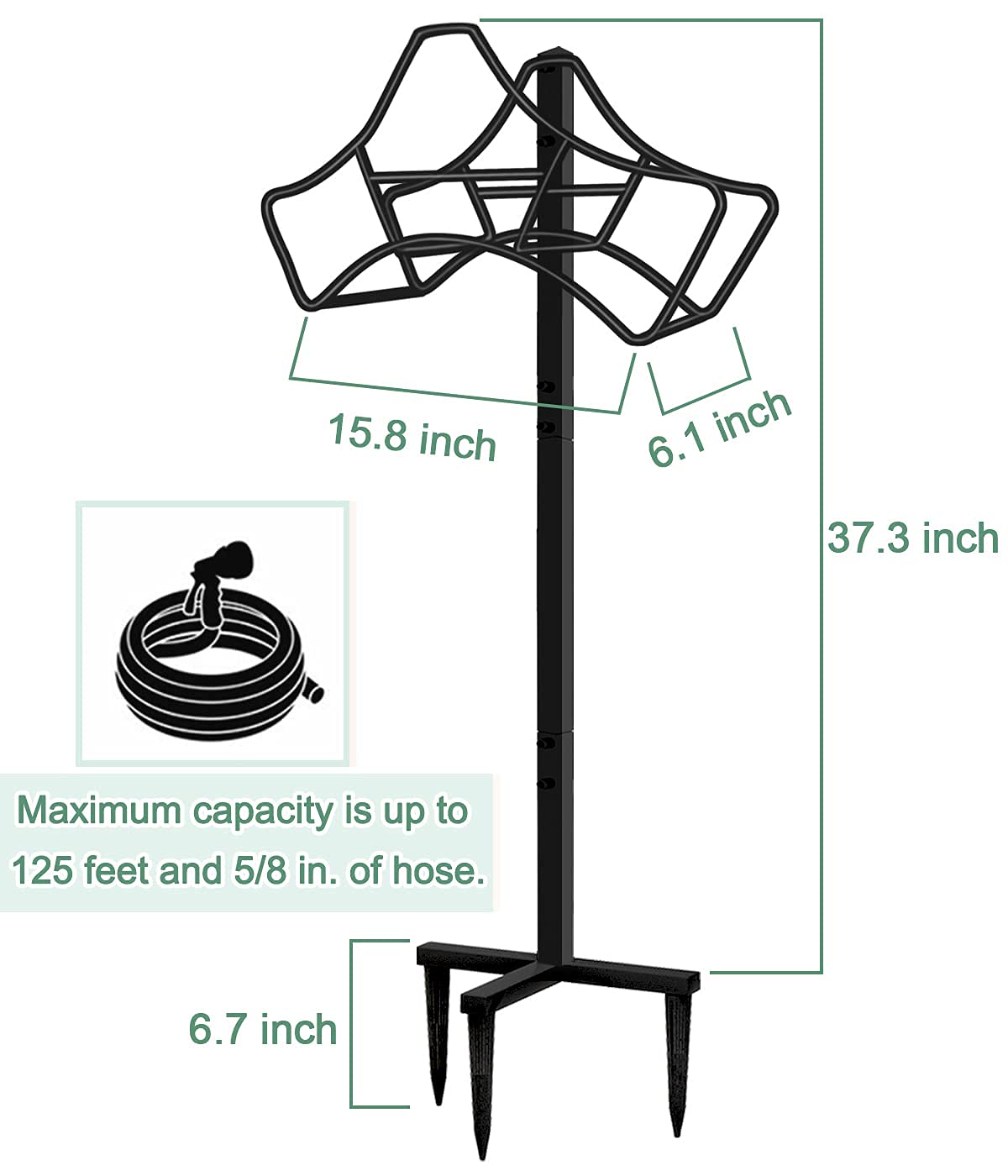 Garbuildman hose storage with 3-prong stability supports long hoses without sagging