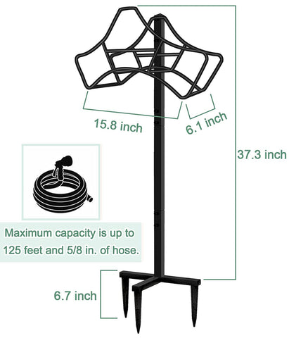 Garbuildman hose storage with 3-prong stability supports long hoses without sagging