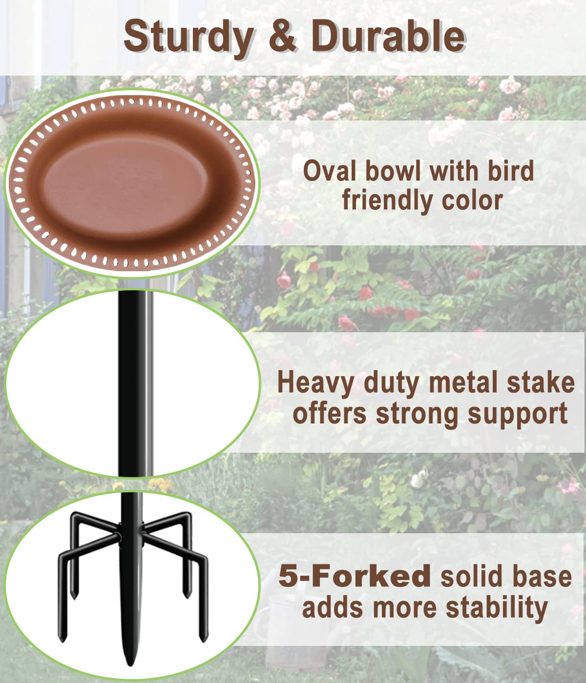 Garbuildman oval brown bird bath tray in natural garden setting.
