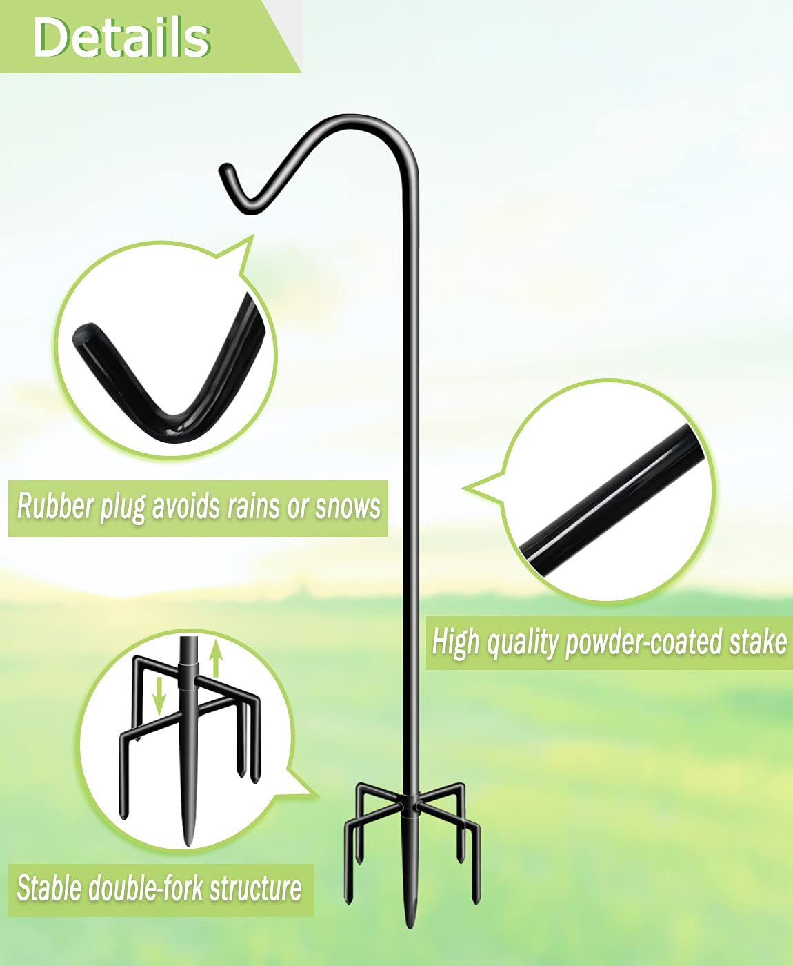 Shiny black Garbuildman shepherd hook enhances garden aesthetics and blends with surroundings.