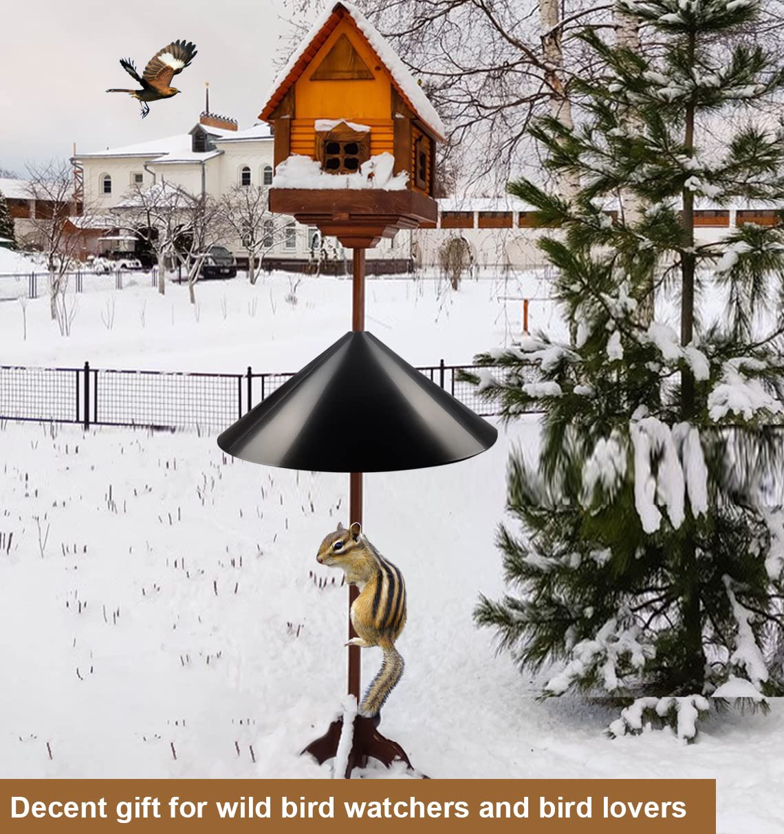 Garbuildman Squirrel Baffle in an outdoor garden setting protecting bird feeders
