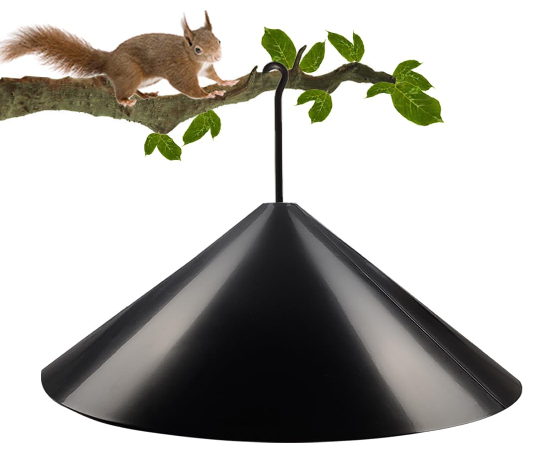 Garbuildman squirrel baffle mounted on an outdoor pole protecting the bird feeder