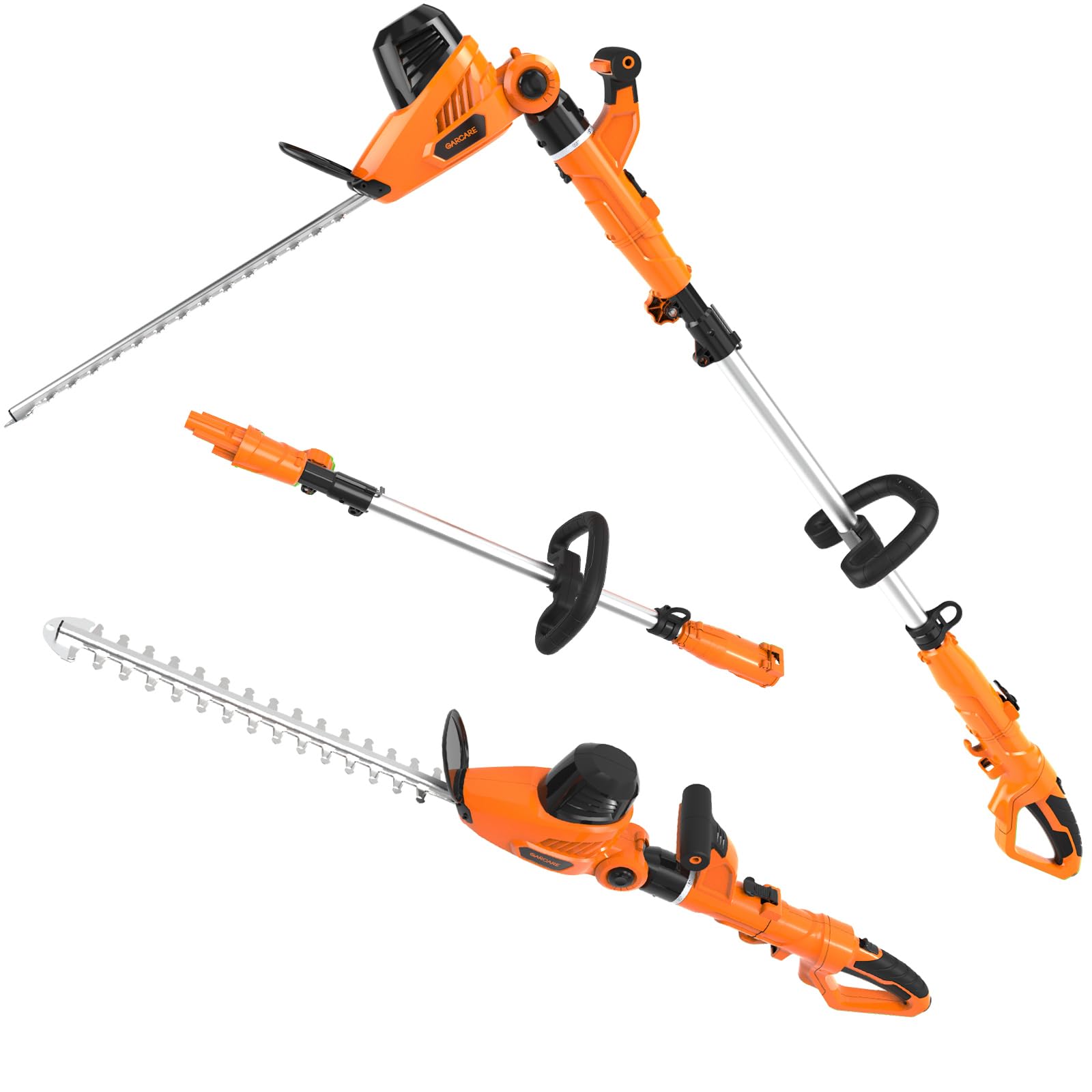 Garcare 2 in 1 hedge trimmer extended reach in action against tall hedges.