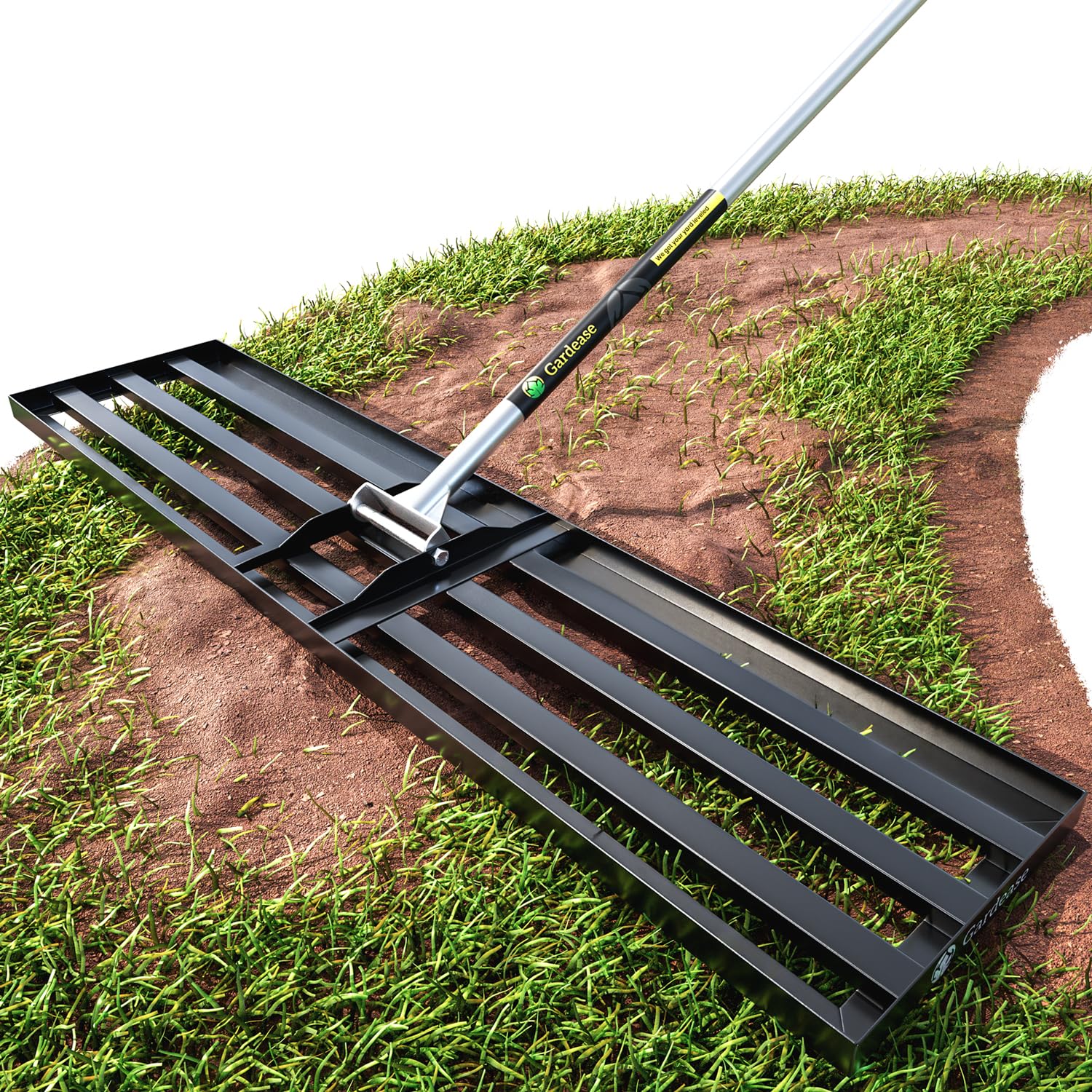 Gardease lawn leveling rake ground plate enables wide-area leveling for even lawns.