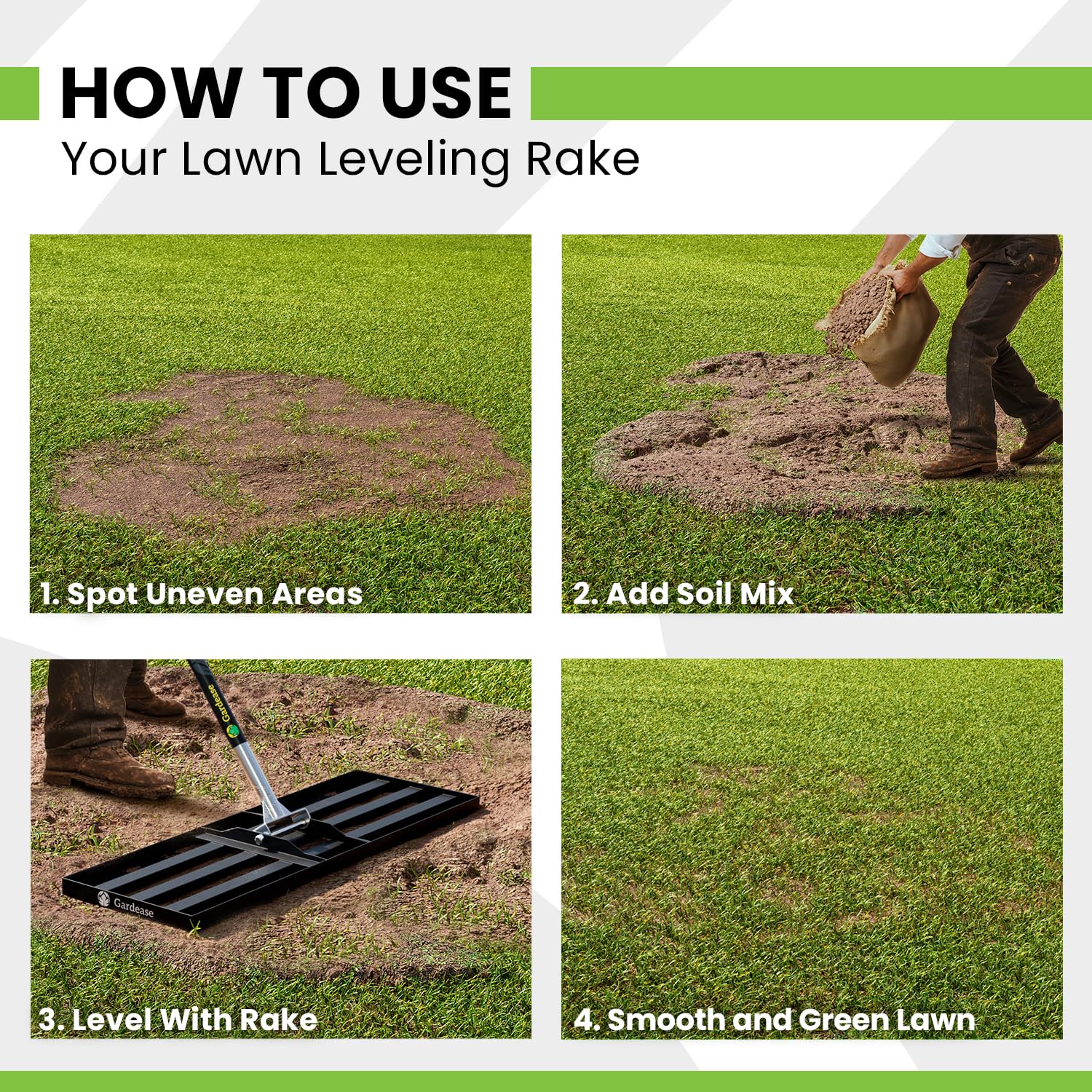 Gardease lawn leveling rake top-dressing for even soil coverage.