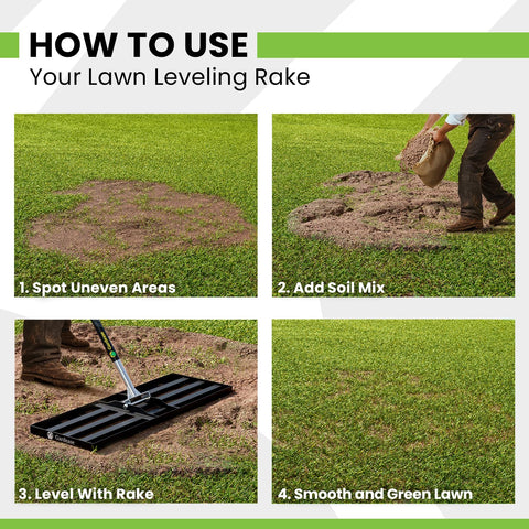 Gardease lawn leveling rake top-dressing for even soil coverage.