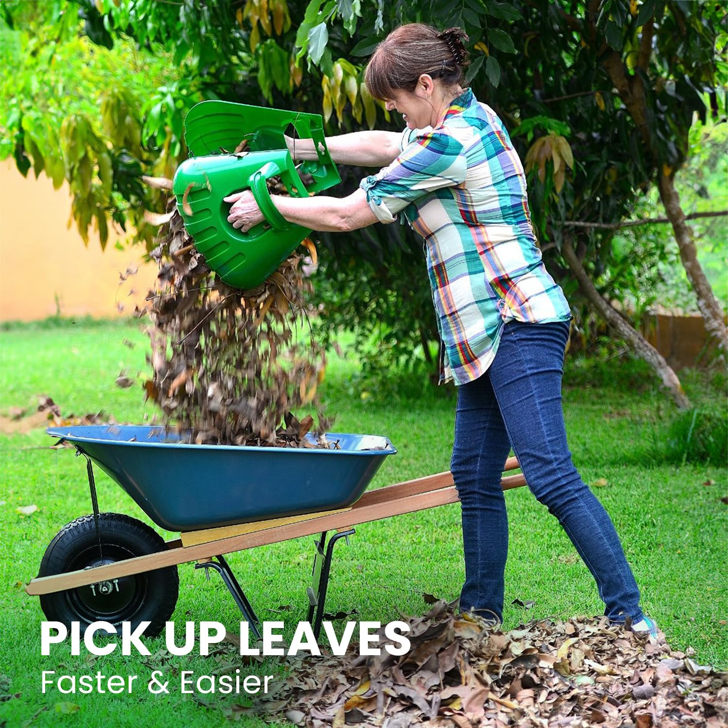 GARDEASE leaf scoops easy-hang storage beside garden bags.