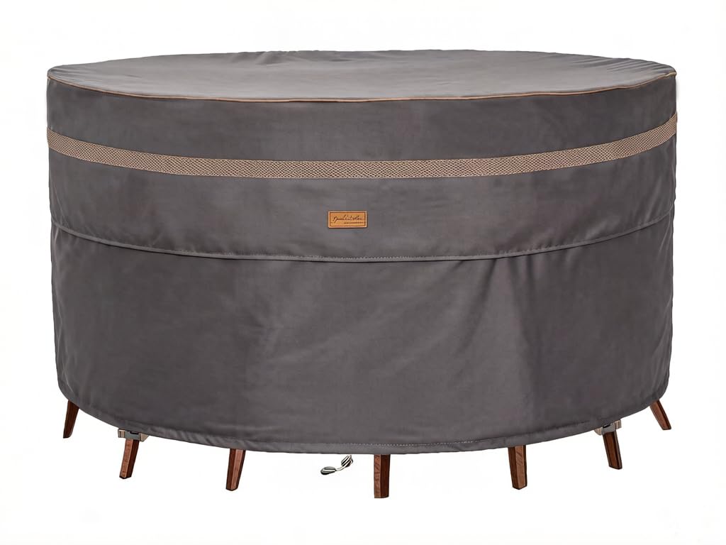 Garden Balsam heavy-duty round-table cover protecting a large table from sun and rain
