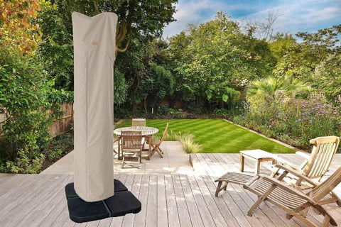 Garden Balsam umbrella cover in beige complements outdoor decor